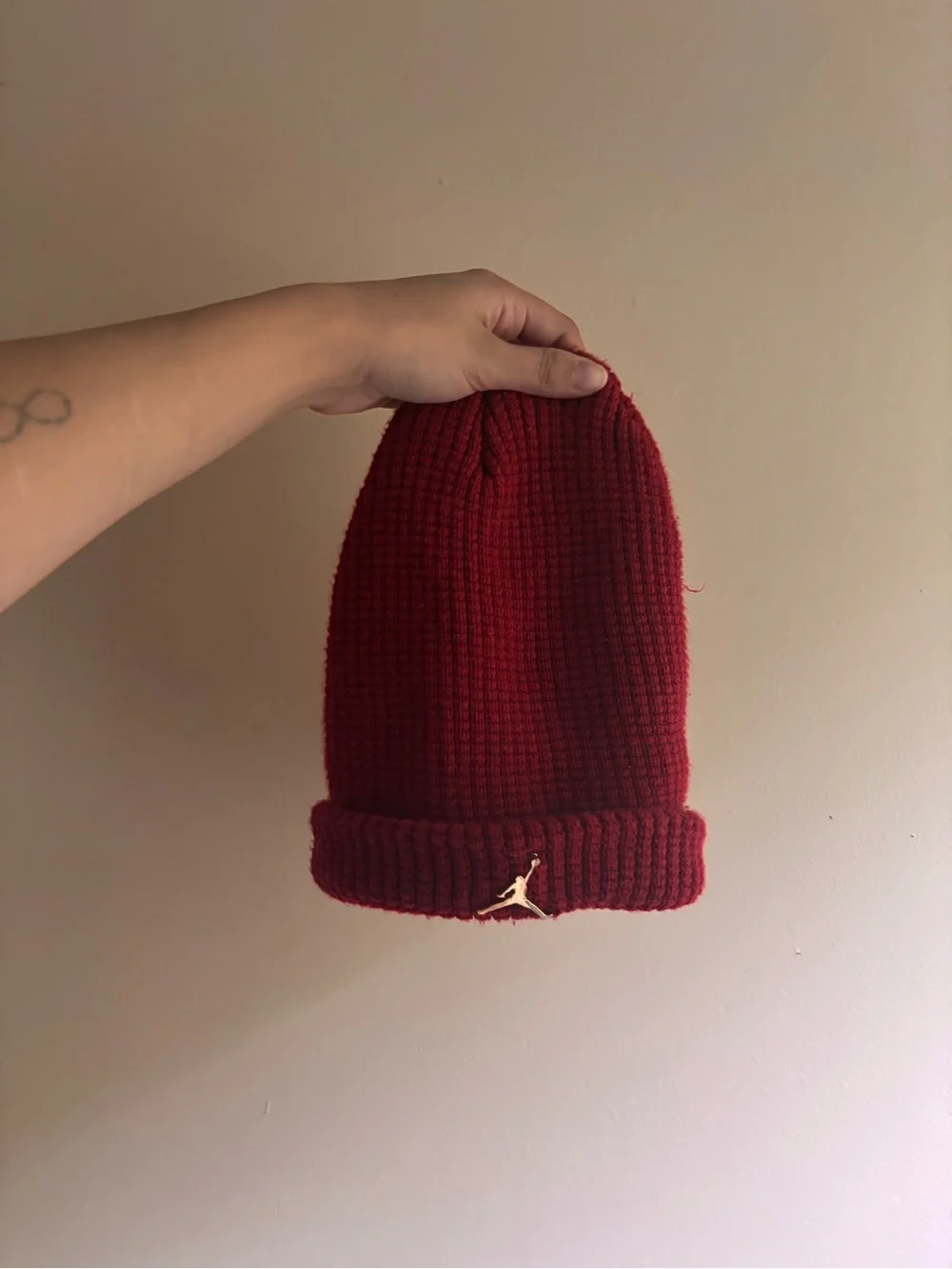 Jordan Red Ribbed Beanie with Gold Decal